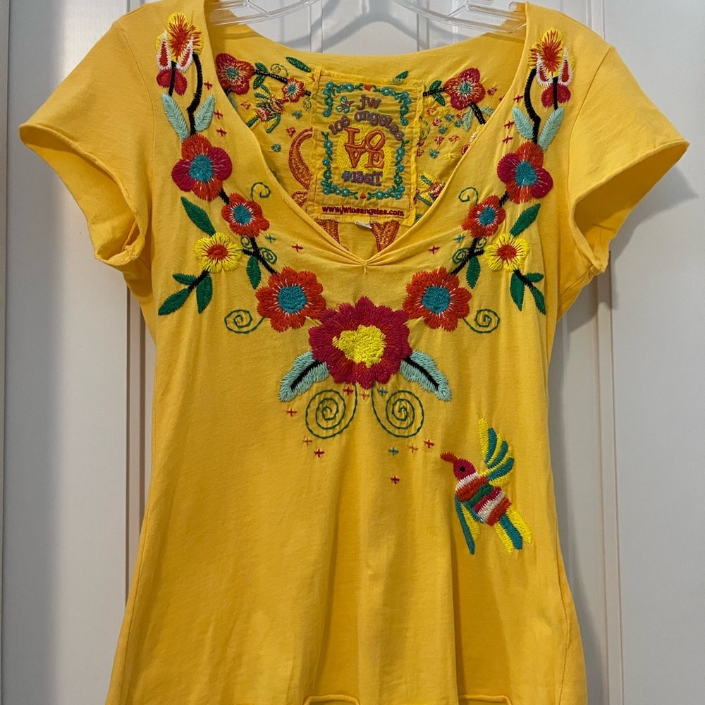 Johnny Was Los Angeles Yellow Floral Embroidered Tee